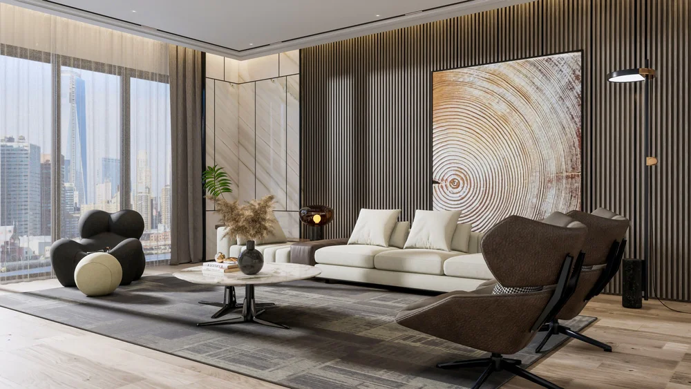 WPC louvers used as a feature wall in a modern living room