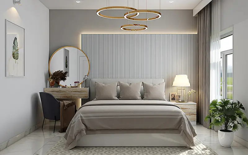 WPC louver feature wall in an elegant modern bedroom